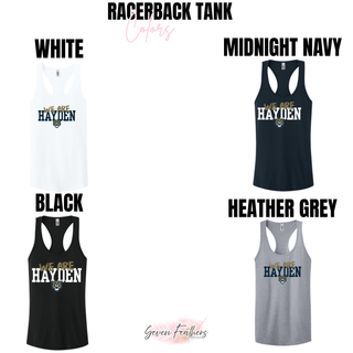 Color options for the Hayden Wildcats we are hayden women's racerback tank in white, midnight navy, black, and heather grey
