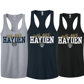 Hayden Wildcats we are hayden women's racerback tank in heather grey, midnight navy, and black with gold script overlay and wildcat mascot

