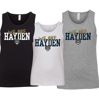 Hayden Wildcats we are hayden youth jersey tank in black, white, and athletic heather with gold script overlay and wildcat mascot on front
