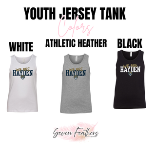Youth jersey tank color options for the Hayden Wildcats we are hayden design in white, athletic heather, and black
