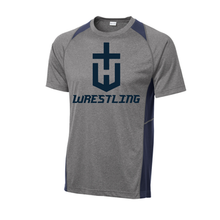 Hayden Wildcats Wrestling Champion Crest Colorblock Contender Tee in heather grey with navy colorblock panels, a large navy shield H emblem, and navy Wrestling lettering