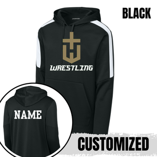Hayden Wildcats Wrestling Champion Crest Fan Favorite Hoodie in Black with white shoulder panels, a large gold shield H emblem, and white Wrestling lettering, with a custom name shown on the back