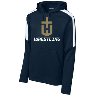 Hayden Wildcats Wrestling Champion Crest Fan Favorite Hoodie in Navy at an angle, showing the white shoulder panels, large gold shield H emblem, and white Wrestling lettering