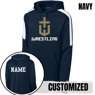 Hayden Wildcats Wrestling Champion Crest Fan Favorite Hoodie in Navy with white shoulder panels, a large gold shield H emblem, and white Wrestling lettering, with a custom name shown on the back