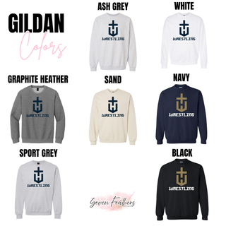 Hayden Wildcats Wrestling Champion Crest Gildan color chart showing Ash Grey, White, Graphite Heather, Sand, Navy, Sport Grey, and Black