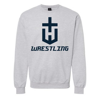 Hayden Wildcats Wrestling Champion Crest on a light grey crewneck sweatshirt with a large navy shield H emblem and navy Wrestling lettering centered on the chest