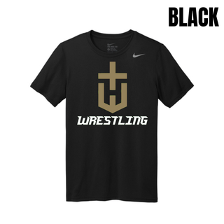 Hayden Wildcats Wrestling Champion Crest Men's rLegend Tee in Black with a large gold shield H emblem and white Wrestling lettering