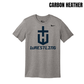 Hayden Wildcats Wrestling Champion Crest Men's rLegend Tee in Carbon Heather with a large navy shield H emblem and navy Wrestling lettering