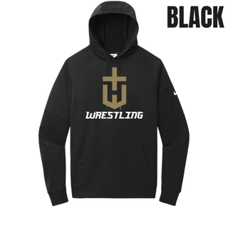 Hayden Wildcats Wrestling Champion Crest Men's Therma-FIT Pocket Pullover Hoodie in Black with a large gold shield H emblem and white Wrestling lettering