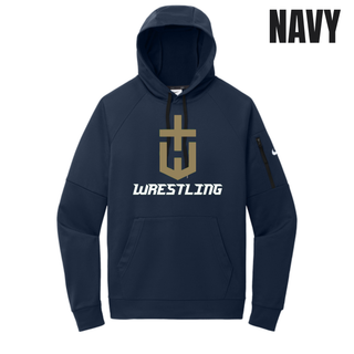 Hayden Wildcats Wrestling Champion Crest Men's Therma-FIT Pocket Pullover Hoodie in Navy with a large gold shield H emblem and white Wrestling lettering