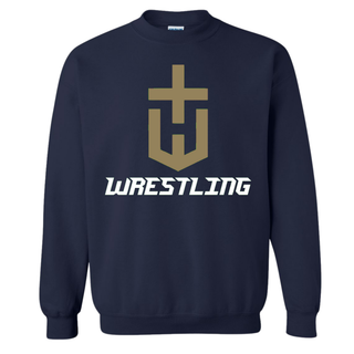 Hayden Wildcats Wrestling Champion Crest on a navy crewneck sweatshirt with a large gold shield H emblem and white Wrestling lettering centered on the chest