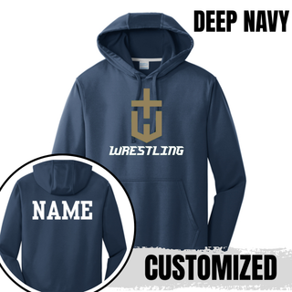 Hayden Wildcats Wrestling Champion Crest Performance Hoodie in Deep Navy with a large gold shield H emblem and white Wrestling lettering, with a custom name shown on the back
