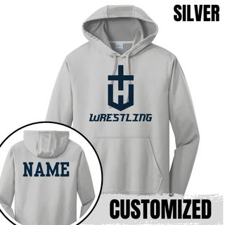 Hayden Wildcats Wrestling Champion Crest Performance Hoodie in Silver with a large navy shield H emblem and navy Wrestling lettering, with a custom name shown on the back