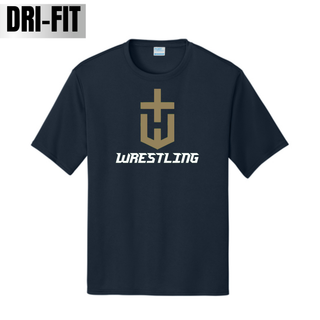 Hayden Wildcats Wrestling Champion Crest Performance Top in Deep Navy with a large gold shield H emblem and white Wrestling lettering centered on the chest