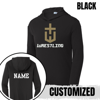 Hayden Wildcats Wrestling Champion Crest PosiCharge Hooded Pullover in Black with a large gold shield H emblem and white Wrestling lettering, with a custom name shown on the back