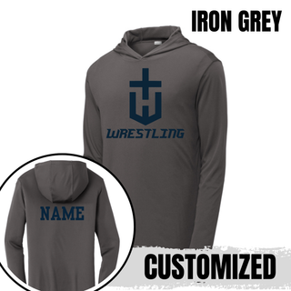 Hayden Wildcats Wrestling Champion Crest PosiCharge Hooded Pullover in Iron Grey with a large navy shield H emblem and navy Wrestling lettering, with a custom name shown on the back