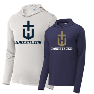 Hayden Wildcats Wrestling Champion Crest PosiCharge Hooded Pullover shown in Silver and True Navy with the large shield H emblem and Wrestling lettering