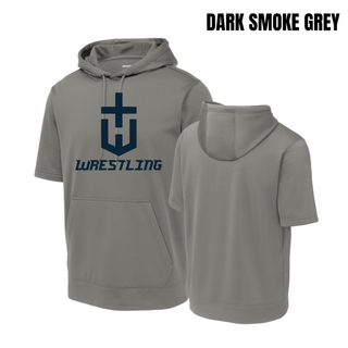 Hayden Wildcats Wrestling Champion Crest Short Sleeve Hooded Pullover in Dark Smoke Grey with a large navy shield H emblem and navy Wrestling lettering, shown front and back
