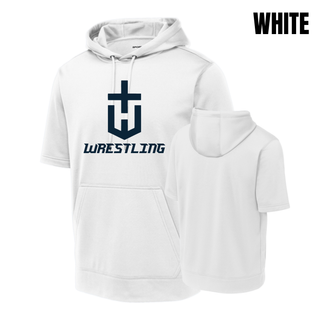 Hayden Wildcats Wrestling Champion Crest Short Sleeve Hooded Pullover in White with a large navy shield H emblem and navy Wrestling lettering, shown front and back