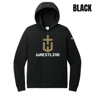 Hayden Wildcats Wrestling Champion Crest Women's Club Fleece Pullover Hoodie in Black with a large gold shield H emblem and white Wrestling lettering