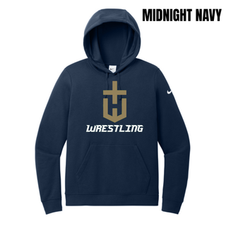 Hayden Wildcats Wrestling Champion Crest Women's Club Fleece Pullover Hoodie in Midnight Navy with a large gold shield H emblem and white Wrestling lettering