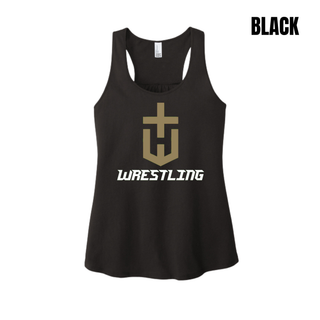 Hayden Wildcats Wrestling Champion Crest Women's Racerback Tank in Black with a large gold shield H emblem and white Wrestling lettering