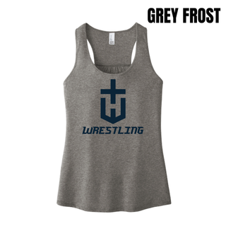 Hayden Wildcats Wrestling Champion Crest Women's Racerback Tank in Grey Frost with a large navy shield H emblem and navy Wrestling lettering