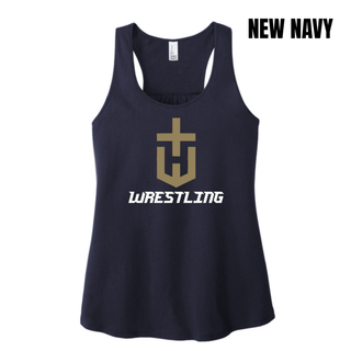 Hayden Wildcats Wrestling Champion Crest Women's Racerback Tank in New Navy with a large gold shield H emblem and white Wrestling lettering