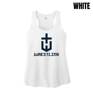 Hayden Wildcats Wrestling Champion Crest Women's Racerback Tank in White with a large navy shield H emblem and navy Wrestling lettering