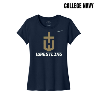 Hayden Wildcats Wrestling Champion Crest Women's rLegend Tee in College Navy with a large gold shield H emblem and white Wrestling lettering