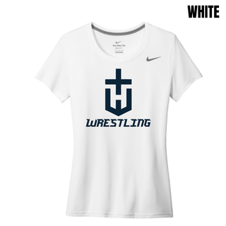 Hayden Wildcats Wrestling Champion Crest Women's rLegend Tee in White with a large navy shield H emblem and navy Wrestling lettering