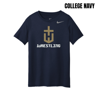 Hayden Wildcats Wrestling Champion Crest Youth rLegend Tee in College Navy with a large gold shield H emblem and white Wrestling lettering