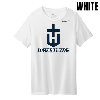 Hayden Wildcats Wrestling Champion Crest Youth rLegend Tee in White with a large navy shield H emblem and navy Wrestling lettering