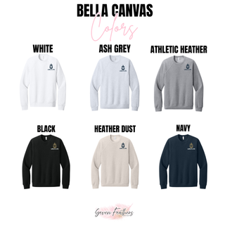 Bella Canvas color chart showing the small H emblem and Wrestling pocket design on sweatshirts in white, ash grey, athletic heather, black, heather dust, and navy