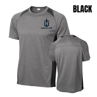 Hayden Wildcats Wrestling Champion Pocket Crest Colorblock Contender Tee in heather grey with black colorblock panels, a navy shield H emblem, and navy Wrestling lettering