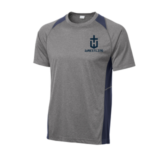 Hayden Wildcats Wrestling Champion Pocket Crest Colorblock Contender Tee in heather grey with navy colorblock panels, a navy shield H emblem, and navy Wrestling lettering