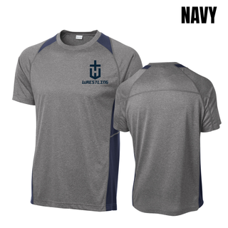 Hayden Wildcats Wrestling Champion Pocket Crest Colorblock Contender Tee in the navy colorblock version with a navy shield H emblem and navy Wrestling lettering, shown front and back
