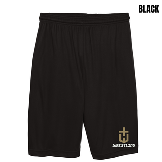 Black cooling performance shorts with a gold pocket crest emblem and white Wrestling near the hem of the leg
