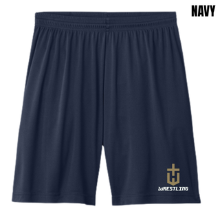 Navy cooling performance shorts with a gold pocket crest emblem and white Wrestling near the hem of the leg