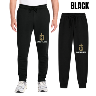 Black fleece joggers with a gold pocket crest emblem and white Wrestling on the leg, shown on a model and flat