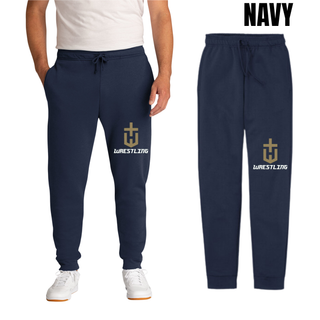 Navy fleece joggers with a gold pocket crest emblem and white Wrestling on the leg, shown on a model and flat