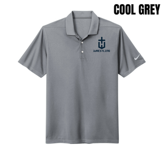 Hayden Wildcats Wrestling Champion Pocket Crest Dri-FIT Micro Pique Polo in Cool Grey with a navy shield H emblem and navy Wrestling lettering