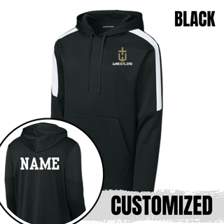 Black fan favorite hoodie with white shoulder panels, a gold pocket crest emblem on the left chest, and a customized name printed in white on the back