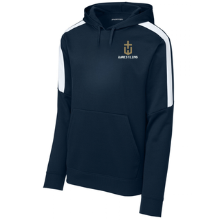 Navy fan favorite hoodie with white shoulder panels and a gold pocket crest emblem with white Wrestling on the left chest