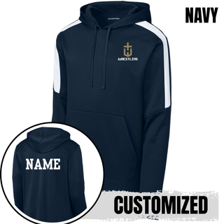 Navy fan favorite hoodie with a gold pocket crest emblem on the left chest and a customized name printed in white on the back