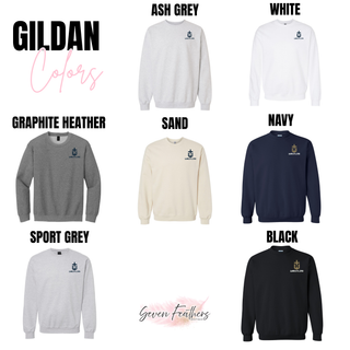 Gildan color chart showing the small H emblem and Wrestling pocket design on sweatshirts in ash grey, white, graphite heather, sand, navy, sport grey, and black