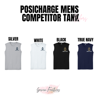 Men's PosiCharge competitor tank color chart showing Silver, White, Black, and True Navy with the pocket crest emblem on the left chest