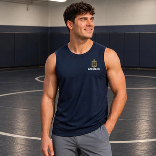 Man in a navy sleeveless competitor tank with a gold pocket crest emblem and white Wrestling on the left chest, standing on a wrestling mat