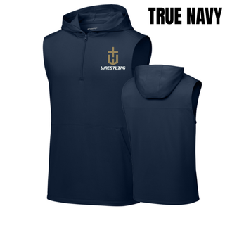 Hayden Wildcats Wrestling Champion Pocket Crest Men's Sleeveless Hooded Quarter-Zip in True Navy with a gold shield H emblem and white Wrestling lettering, shown front and back