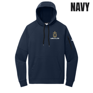 Hayden Wildcats Wrestling Champion Pocket Crest Men's Therma-FIT Pocket Pullover Hoodie in Navy with a gold shield H emblem and white Wrestling lettering